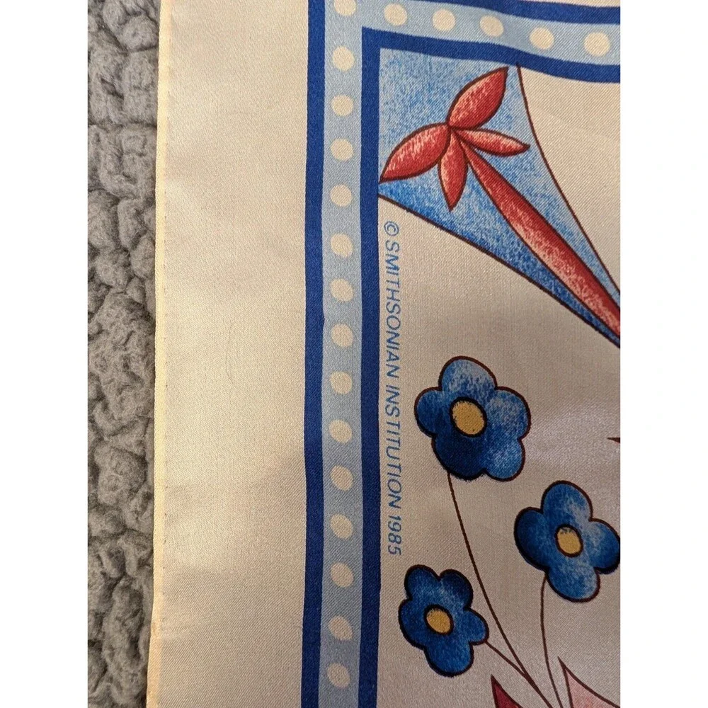 VTG Smithsonian Institution 1985 Large Floral Scarf 34 X 34 Rolled Edges Silk